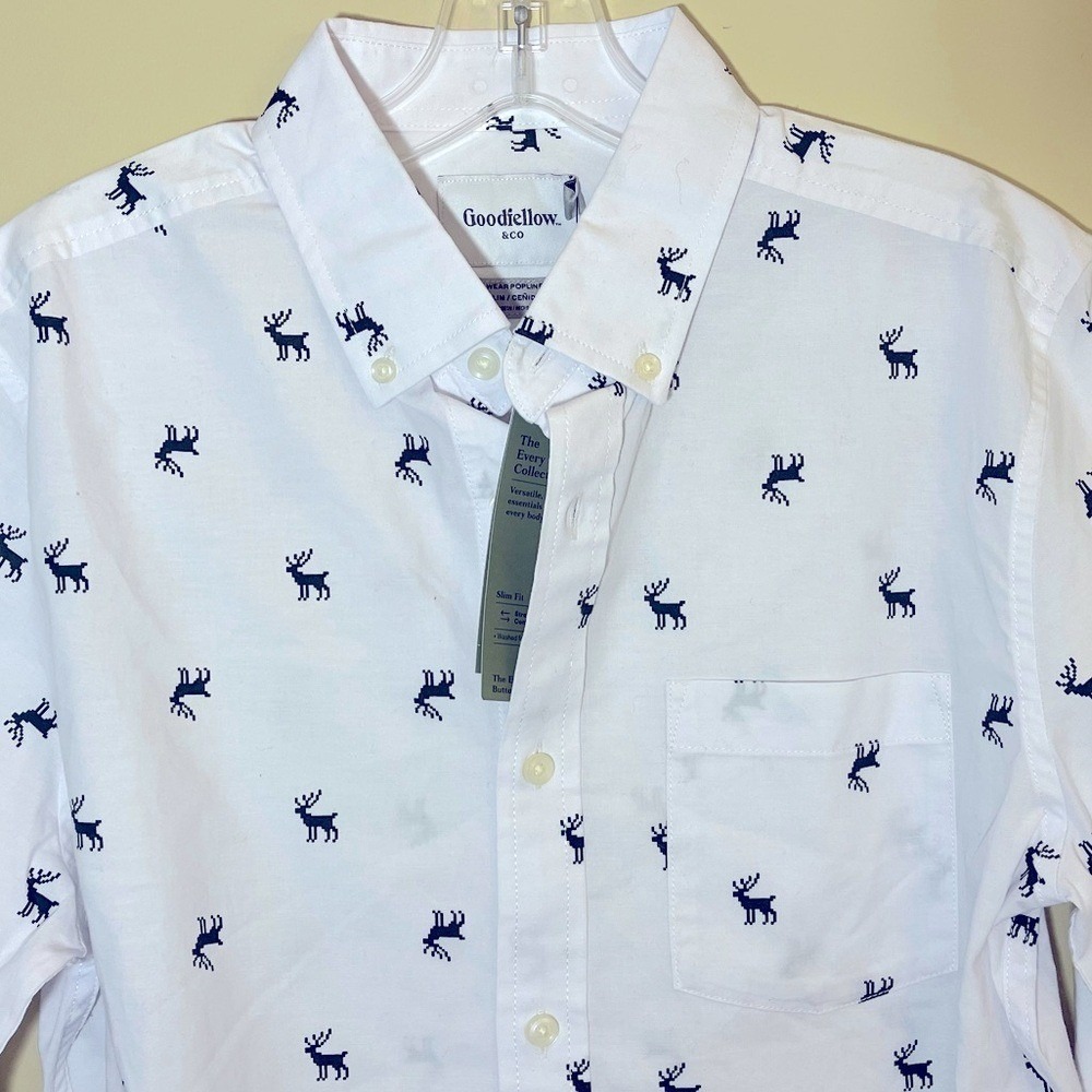 Goodfellow Reindeer Print Long Sleeve Button Down Shirt Mens Small Slim NWT - Picture 3 of 11